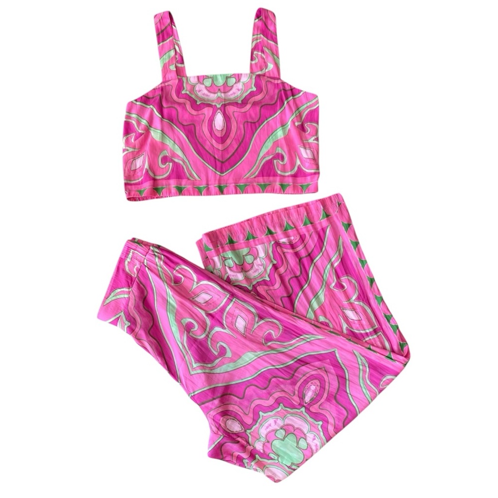 Rose + Olive Hot Pink & Lime Green Two Piece Pant Set